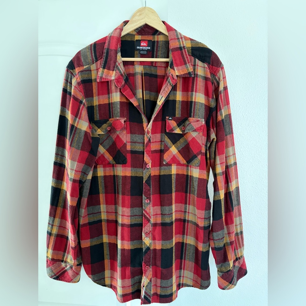 Quiksilver Red and Black Plaid Button-Up Shirt with Yellow Accents